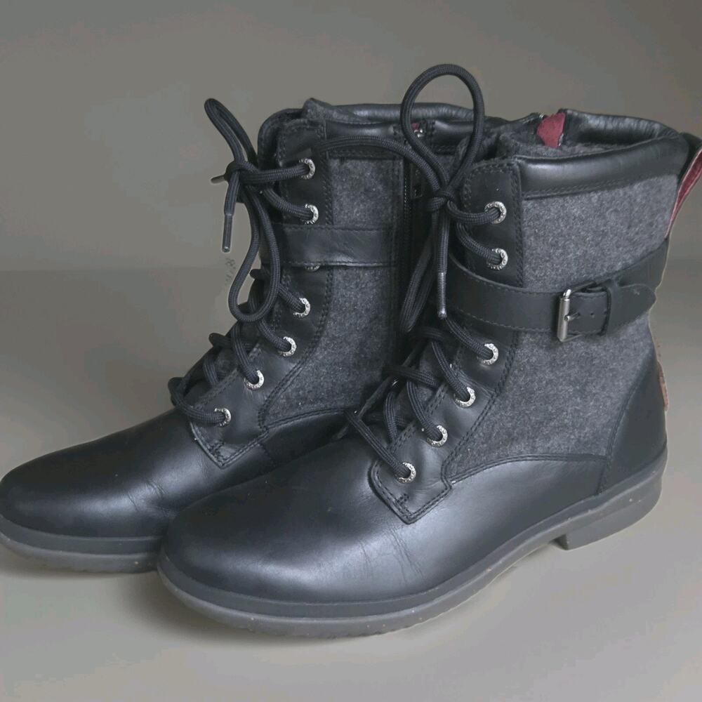 UGG Kesey Waterproof Leather Wool Women's Sz 9 Comfort Boots Combat Black Buckle